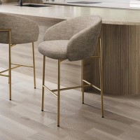 Mink Upholstered Kitchen Stool with Brass Legs and Back - Cora Mink Upholstered Kitchen Stool with Brass Legs and Back - Cora