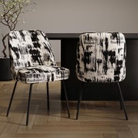 Set of 2 Cream and Black Jacquard Upholstered Dining Chairs - Celia