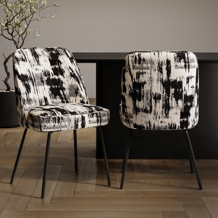 Set of 2 Cream and Black Jacquard Upholstered Dining Chairs - Celia
