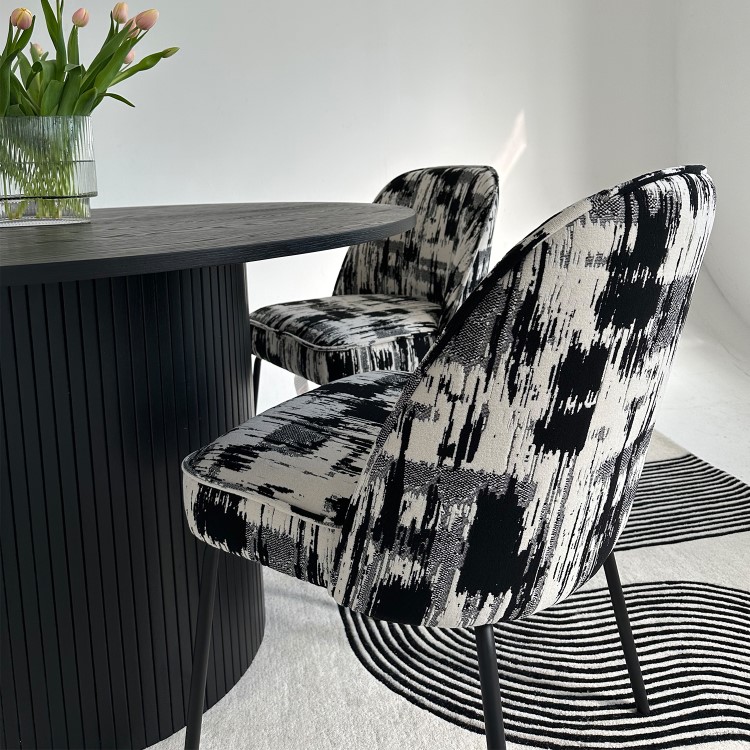 Set of 2 Cream and Black Jacquard Upholstered Dining Chairs - Celia