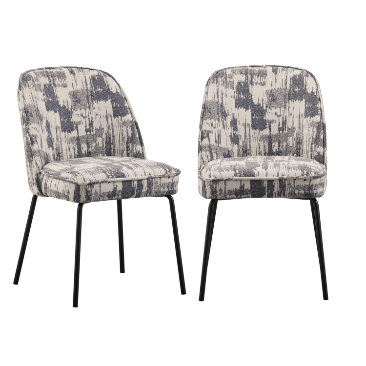 Set of 2 Cream and Grey Jacquard Upholstered Curved Dining Chairs - Celia