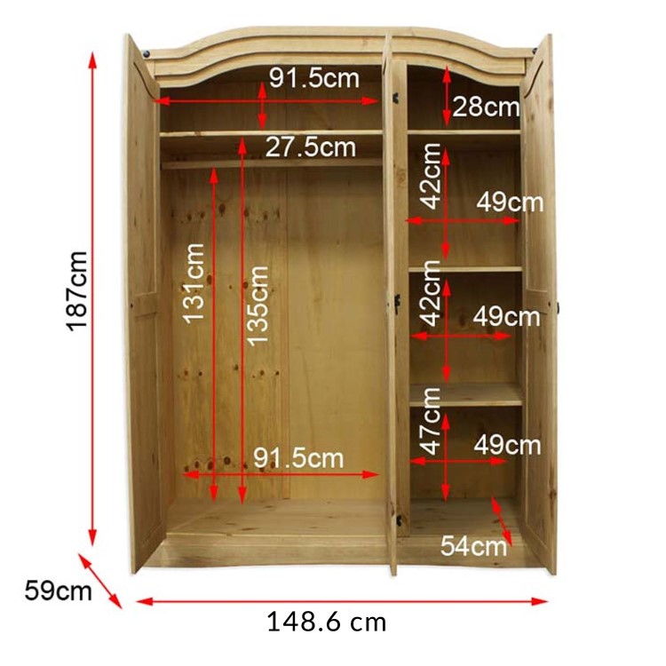 Corona Mexican 3 Door Wardrobe in Solid Pine 