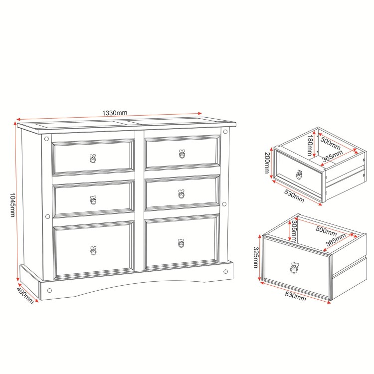 Corona Mexican Solid Pine Chest of Drawers with 6 Drawers