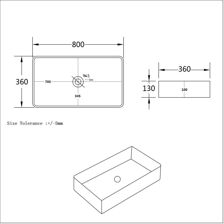 ONLY OPENED - White Rectangular Countertop Basin 800mm - Corey