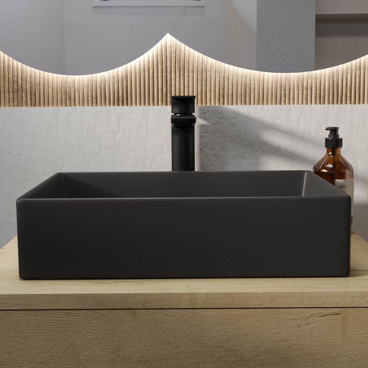 ONLY OPENED - Matt Black Rectangular Countertop Basin 450mm - Corey