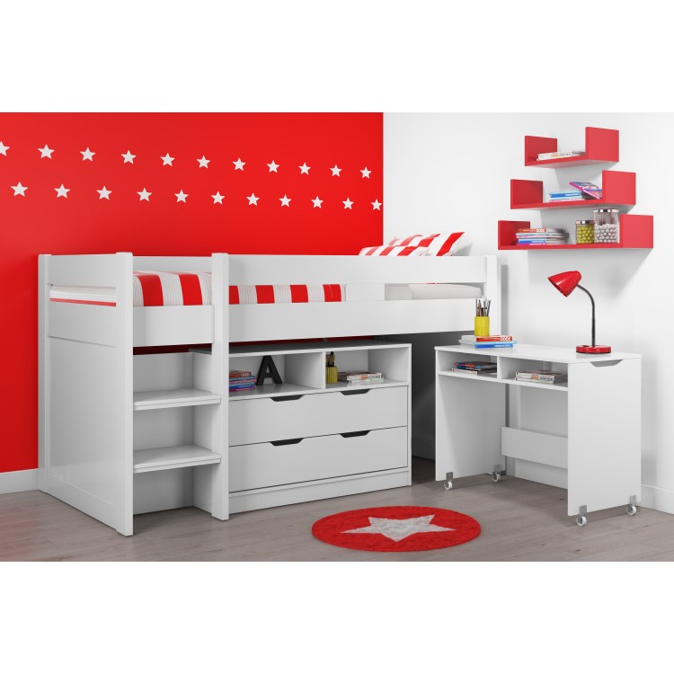 Cosmo Mid Sleeper Bed in White with Pull Out Desk