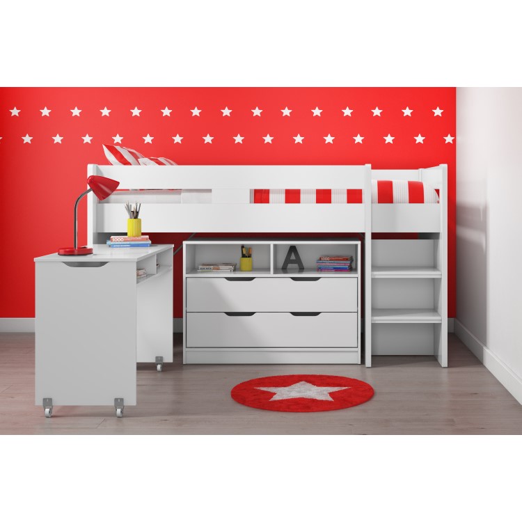 Cosmo Mid Sleeper Bed in White with Pull Out Desk