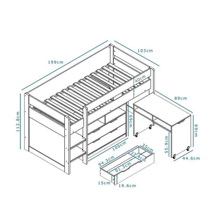 Cosmo Mid Sleeper Bed in White with Pull Out Desk