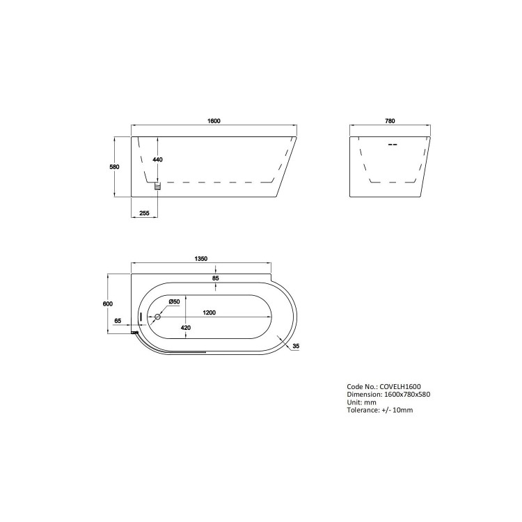 GRADE A1 - Freestanding Single Ended Left Hand Corner Bath 1600 x 780mm - Cove