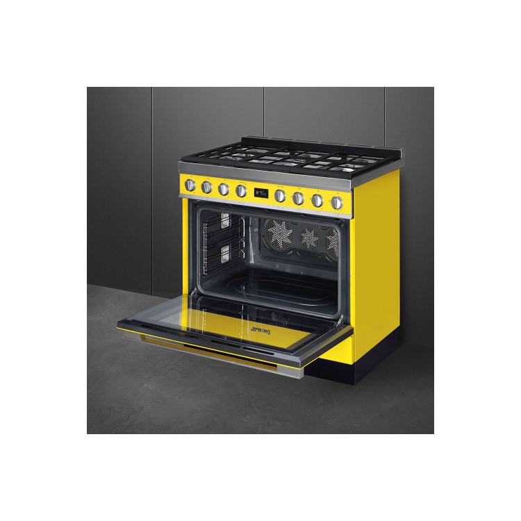Refurbished Smeg Portofino CPF9GPYW 90cm Pyrolytic Dual Fuel Range Cooker Yellow