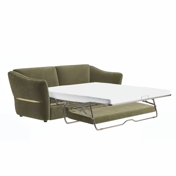 Khaki Green Velvet 3 Seater Pull Out Sofa Bed - Carmela