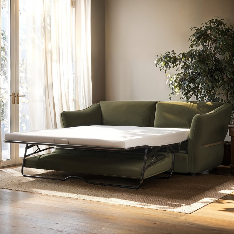 Khaki Green Velvet 3 Seater Pull Out Sofa Bed - Carmela