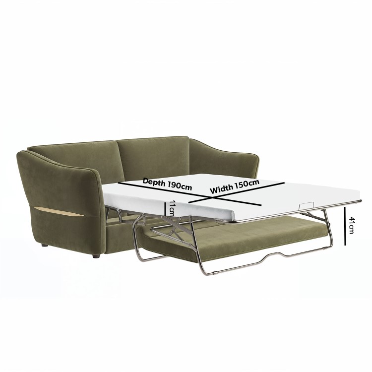 Khaki Green Velvet 3 Seater Pull Out Sofa Bed - Carmela