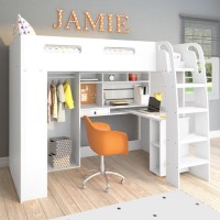 White Loft Bed with Desk and Wardrobe Storage - Carter 