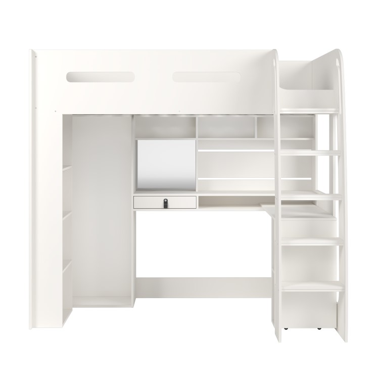 High Sleeper Loft Bed with Desk and Wardrobe in White - Carter