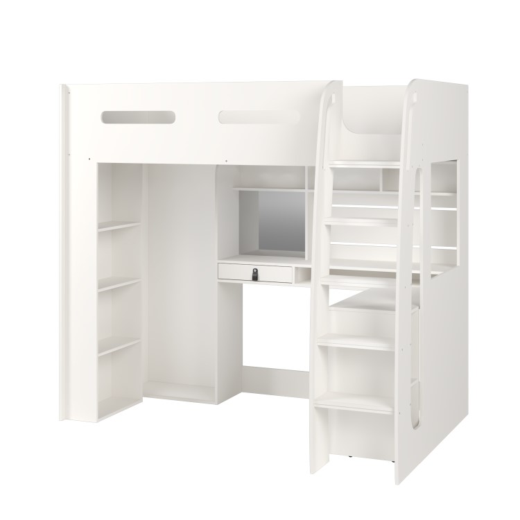 High Sleeper Loft Bed with Desk and Wardrobe in White - Carter
