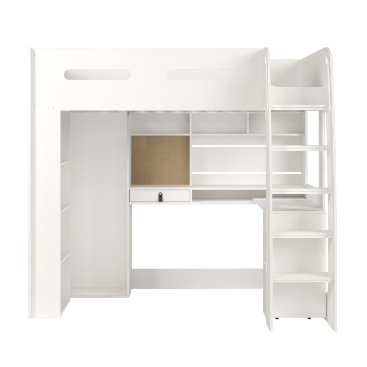 High Sleeper Loft Bed with Desk and Wardrobe in White - Carter