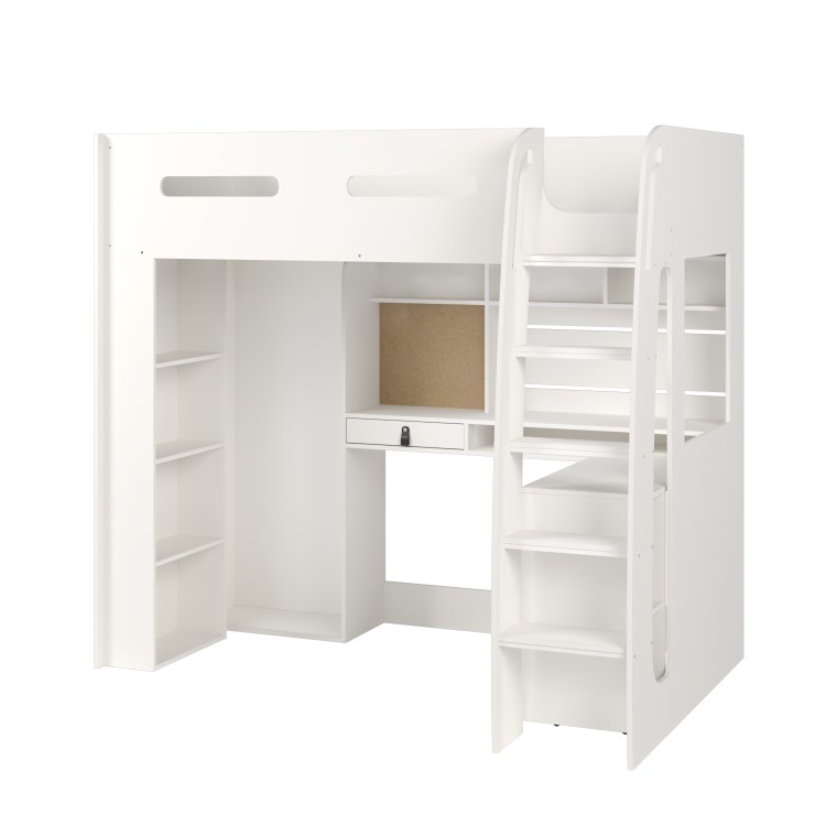 High Sleeper Loft Bed with Desk and Wardrobe in White - Carter