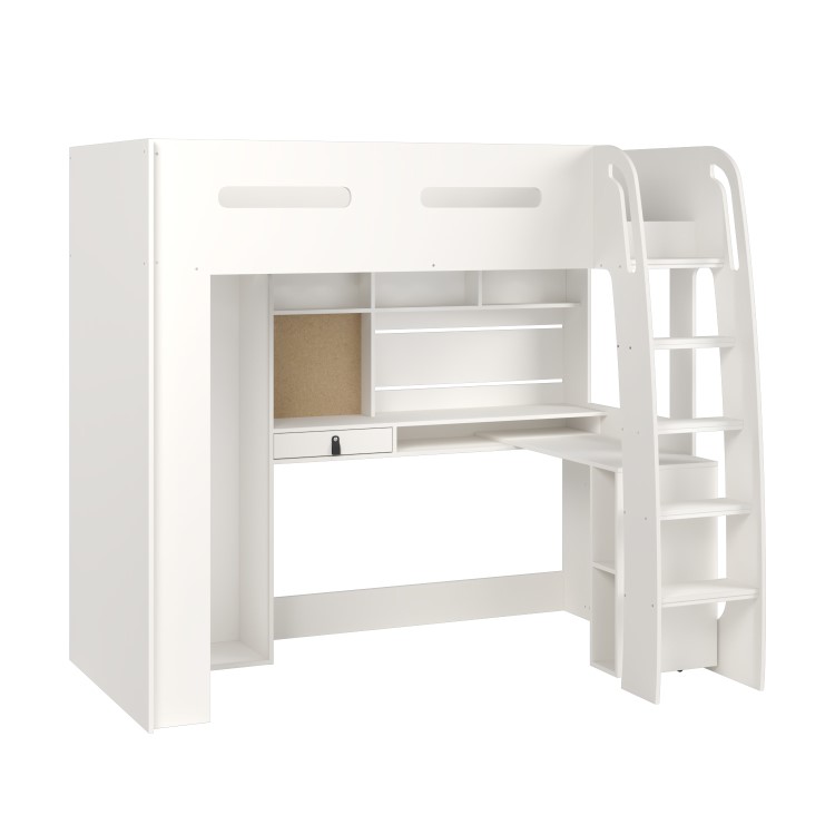 High Sleeper Loft Bed with Desk and Wardrobe in White - Carter