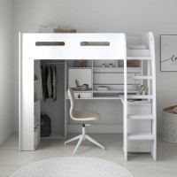 High Sleeper Loft Bed with Desk and Wardrobe in White - Carter