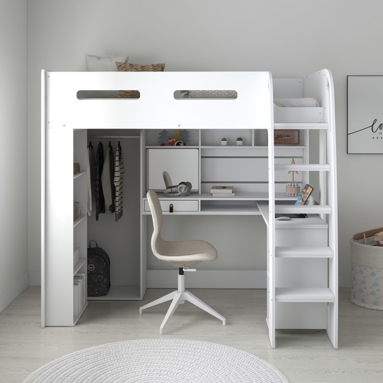 High Sleeper Loft Bed with Desk and Wardrobe in White - Carter