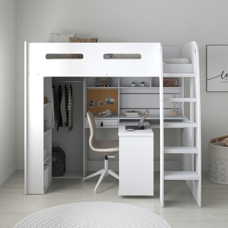 High Sleeper Loft Bed with Desk and Wardrobe in White - Carter