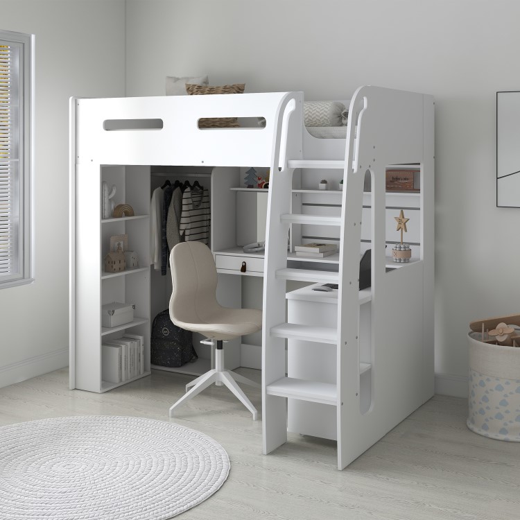 High Sleeper Loft Bed with Desk and Wardrobe in White - Carter