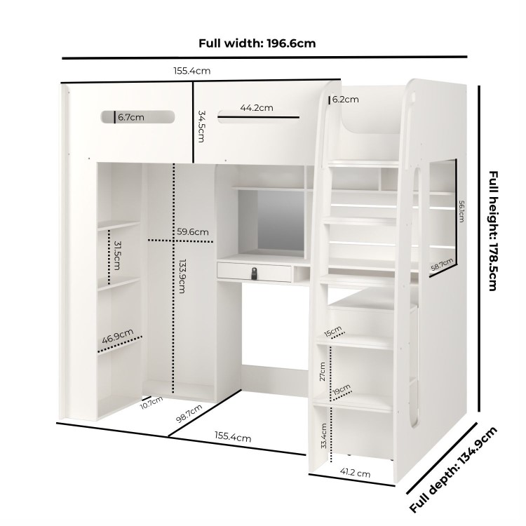 High Sleeper Loft Bed with Desk and Wardrobe in White - Carter
