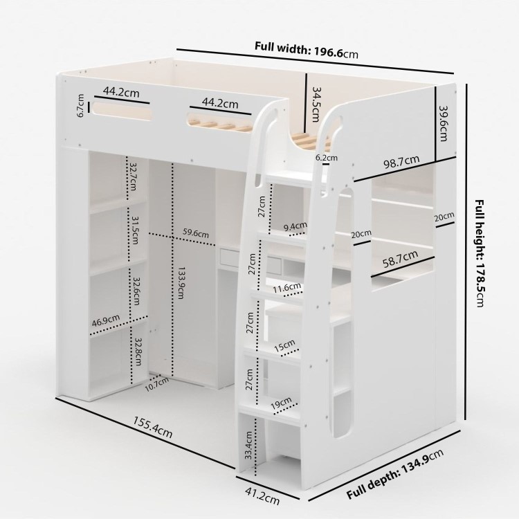 High Sleeper Loft Bed with Desk and Wardrobe in White - Carter