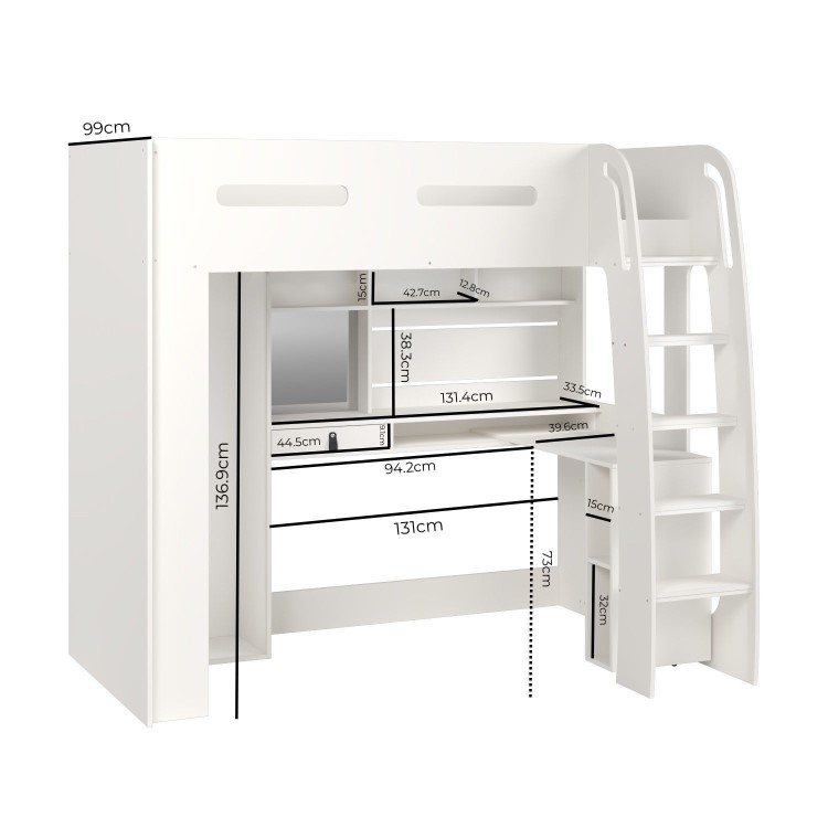 High Sleeper Loft Bed with Desk and Wardrobe in White - Carter