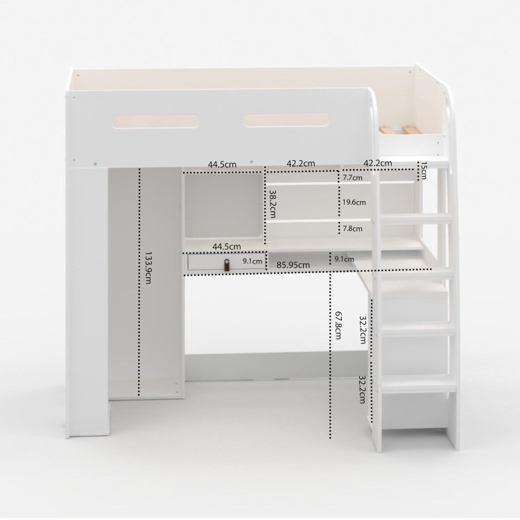 High Sleeper Loft Bed with Desk and Wardrobe in White - Carter