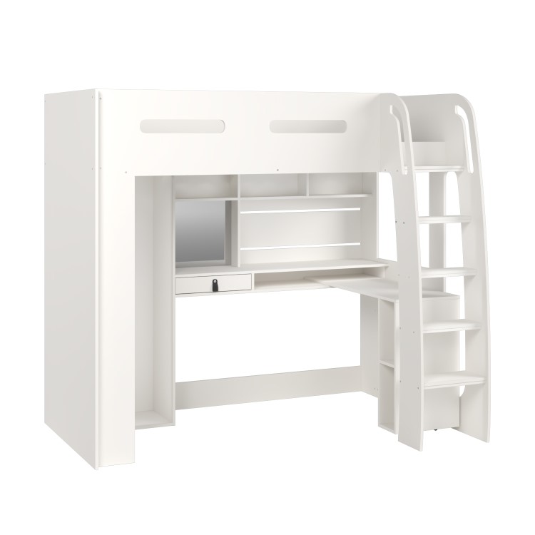 High Sleeper Loft Bed with Desk and Wardrobe in White - Carter