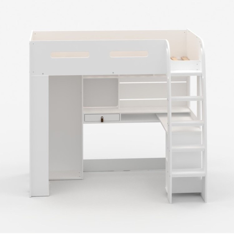 High Sleeper Loft Bed with Desk and Wardrobe in White - Carter