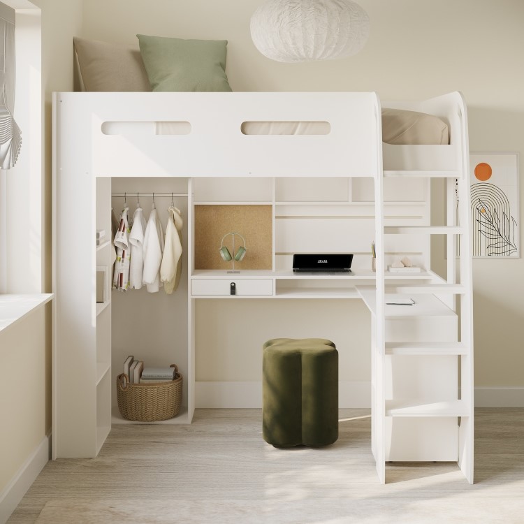 High Sleeper Loft Bed with Desk and Wardrobe in White - Carter
