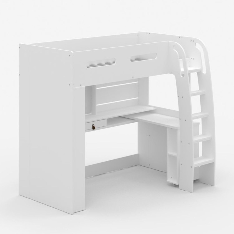High Sleeper Loft Bed with Desk and Wardrobe in White - Carter