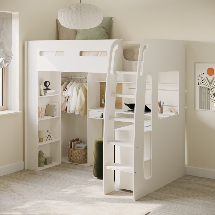 High Sleeper Loft Bed with Desk and Wardrobe in White - Carter