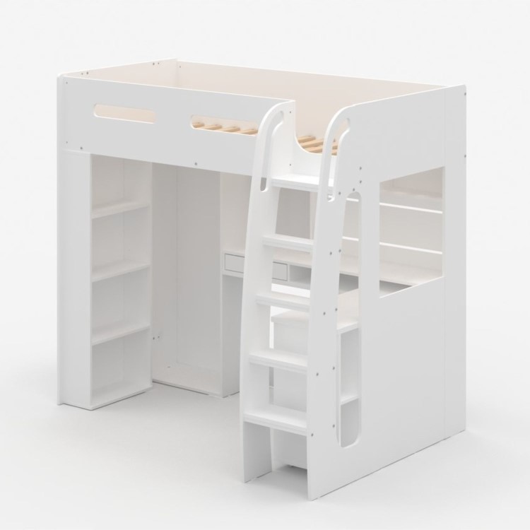 High Sleeper Loft Bed with Desk and Wardrobe in White - Carter