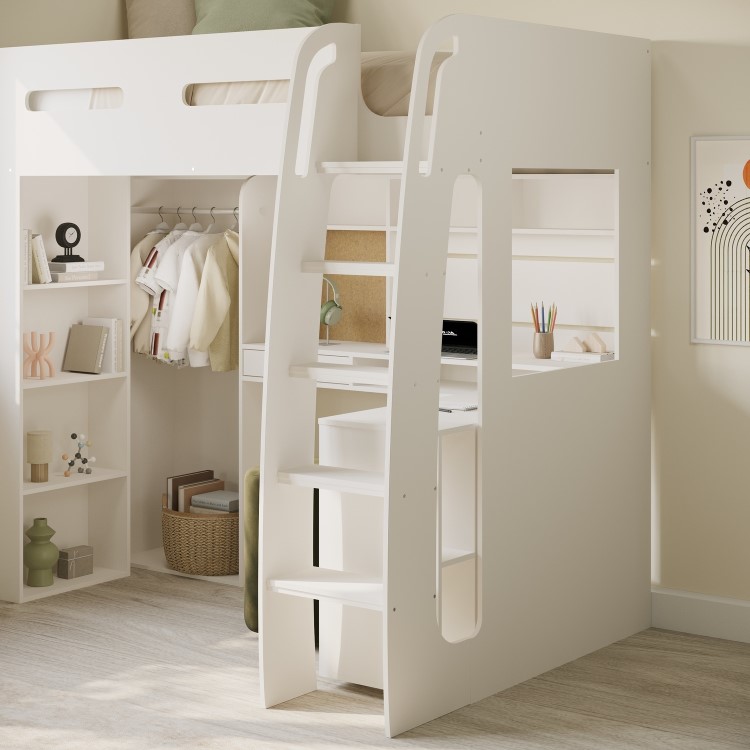 High Sleeper Loft Bed with Desk and Wardrobe in White - Carter