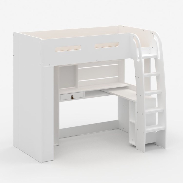 High Sleeper Loft Bed with Desk and Wardrobe in White - Carter