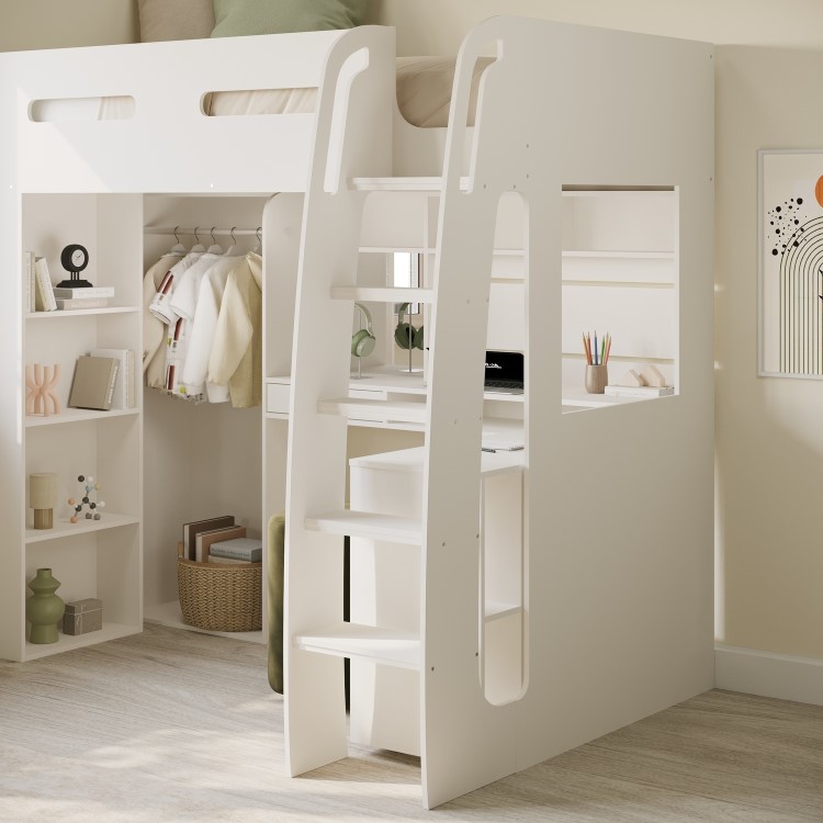 High Sleeper Loft Bed with Desk and Wardrobe in White - Carter