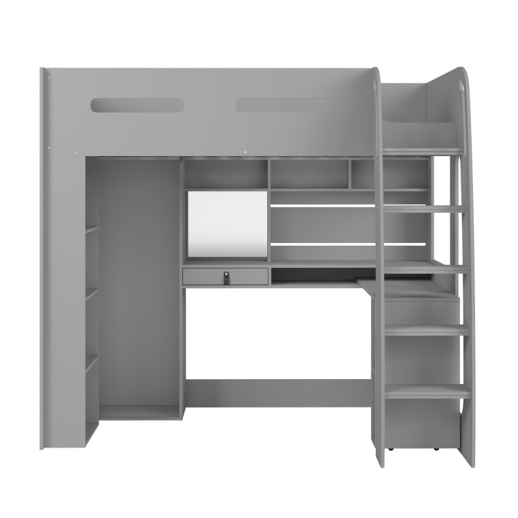 High Sleeper Loft Bed with Desk and Wardrobe in Grey - Carter