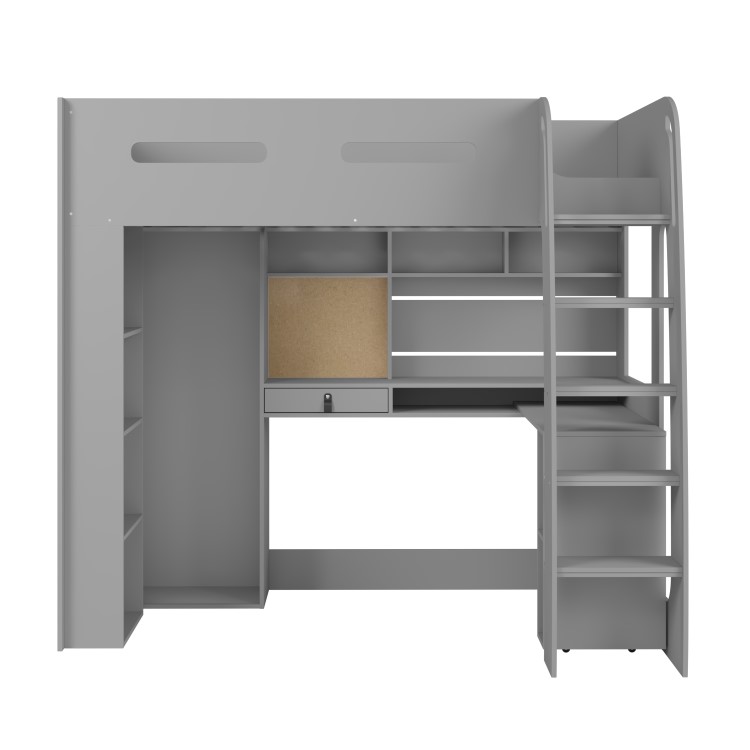High Sleeper Loft Bed with Desk and Wardrobe in Grey - Carter