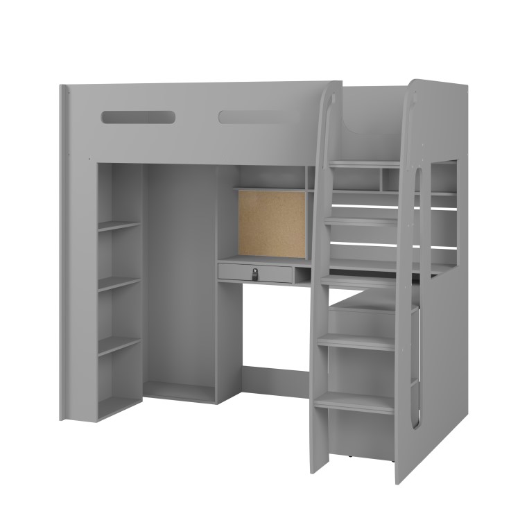 High Sleeper Loft Bed with Desk and Wardrobe in Grey - Carter