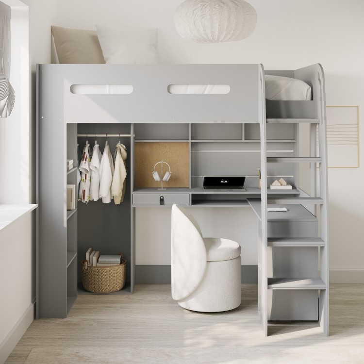 High Sleeper Loft Bed with Desk and Wardrobe in Grey - Carter
