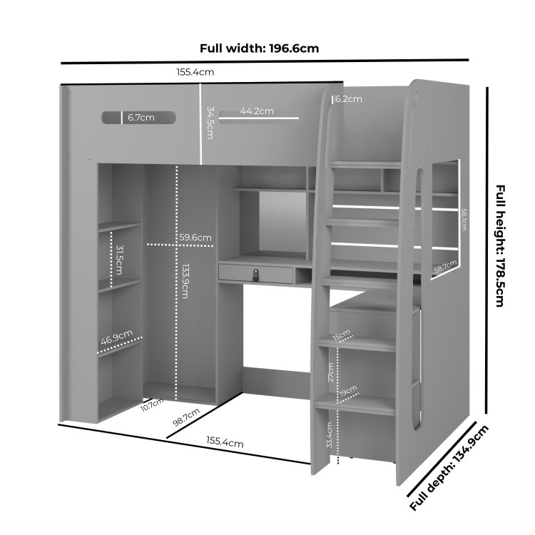 High Sleeper Loft Bed with Desk and Wardrobe in Grey - Carter