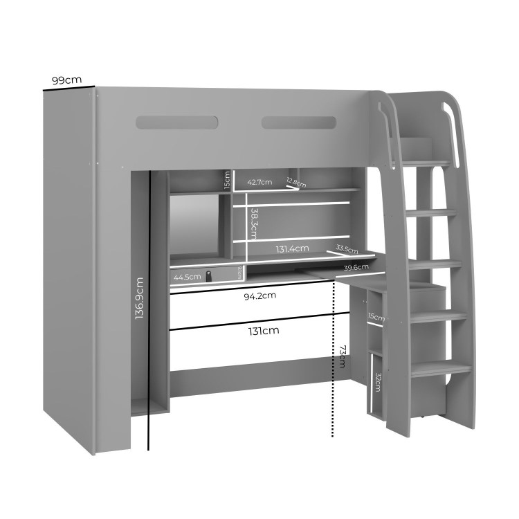 High Sleeper Loft Bed with Desk and Wardrobe in Grey - Carter