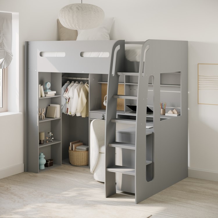 High Sleeper Loft Bed with Desk and Wardrobe in Grey - Carter