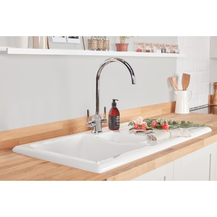 1.5 Bowl Inset White Ceramic Kitchen Sink with Reversible Drainer - Rangemaster Rustic