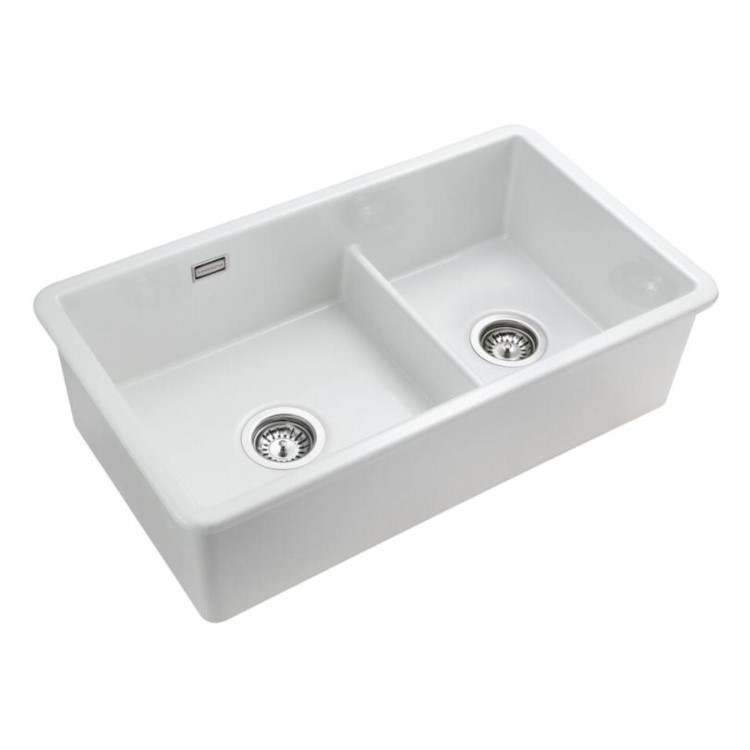 Rangemaster Rustique Double Bowl Inset / Undermount White Ceramic Kitchen Sink