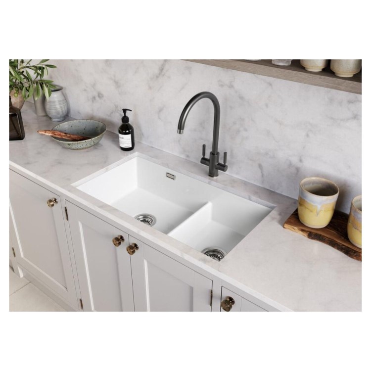 Rangemaster Rustique Double Bowl Inset / Undermount White Ceramic Kitchen Sink